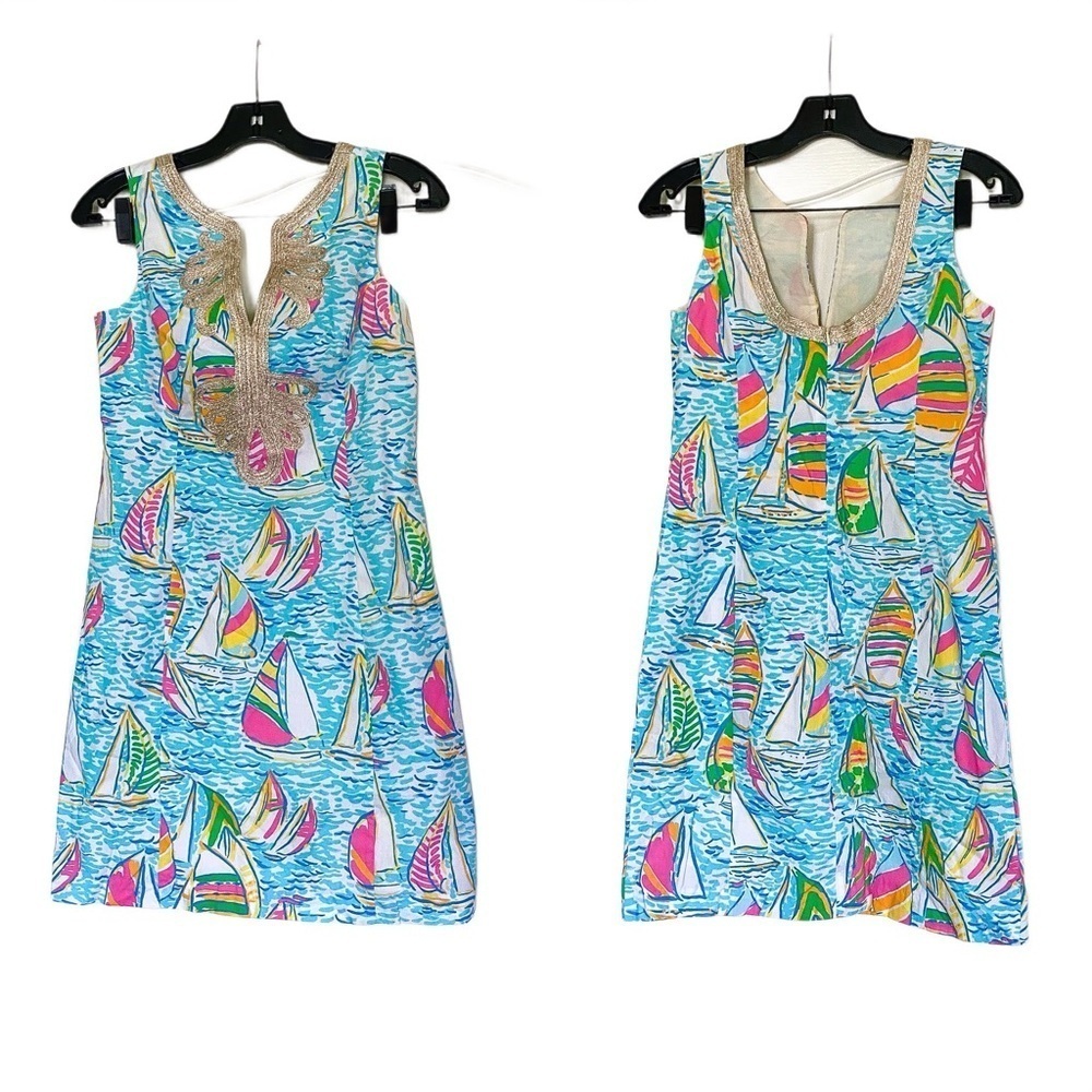 Lilly Pulitzer Dress Janice Shift Gold Mini Beach You‎ Gotta Regatta 4 EUC
